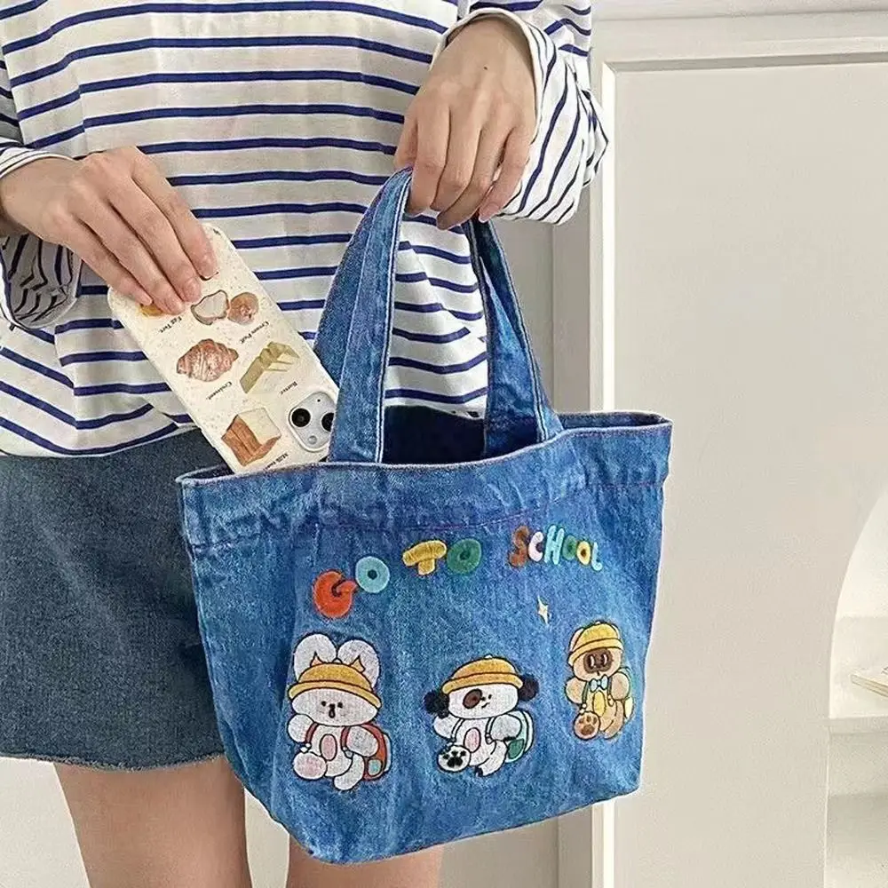 Tas jinjing anjing kartun kelinci tas tangan huruf kain Denim wanita tas makan siang kapasitas besar dompet tas belanja