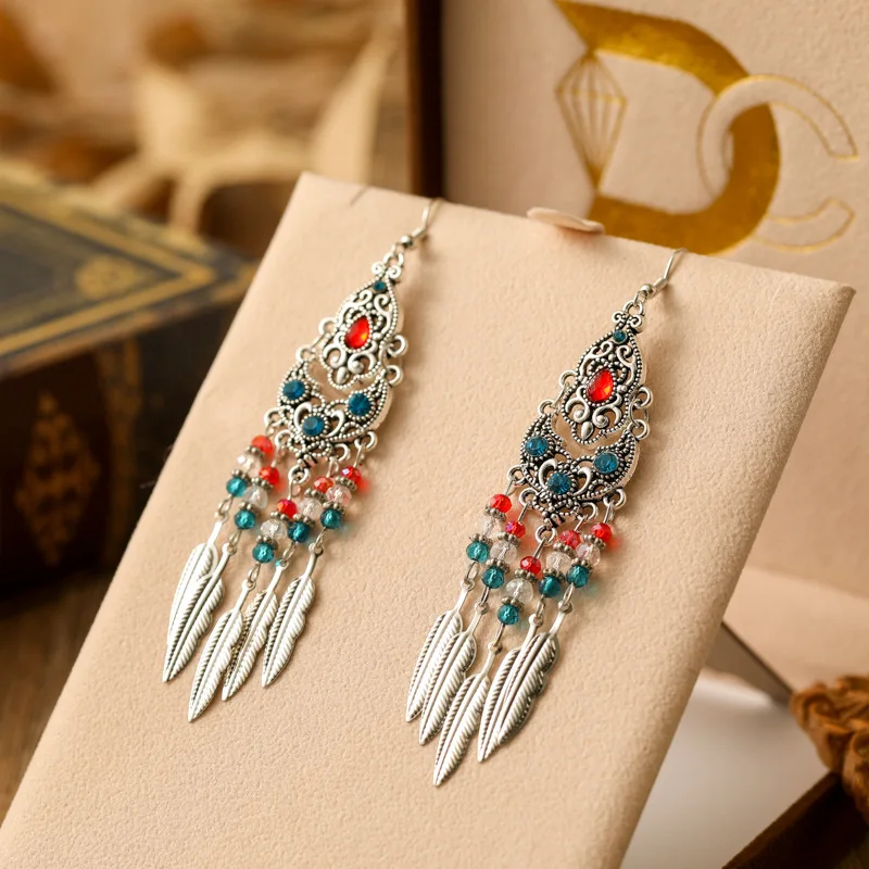 Boho Vintage Leaf Tassel Earrings For Women Geometric Crystal Rhinestone Beads Handmade Beach Vacation Drop Dangle Jewelry Gift