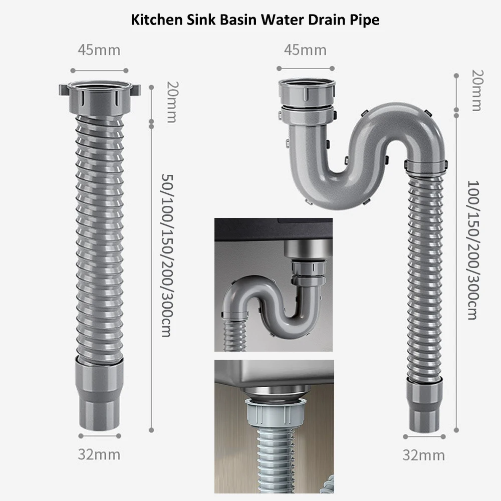 50/100/150/200/300cm Long Universal Flexible Kitchen Sink Drain Pipe Anti-Odor Sewer Hose Kitchen Sink Connector Extension Tube