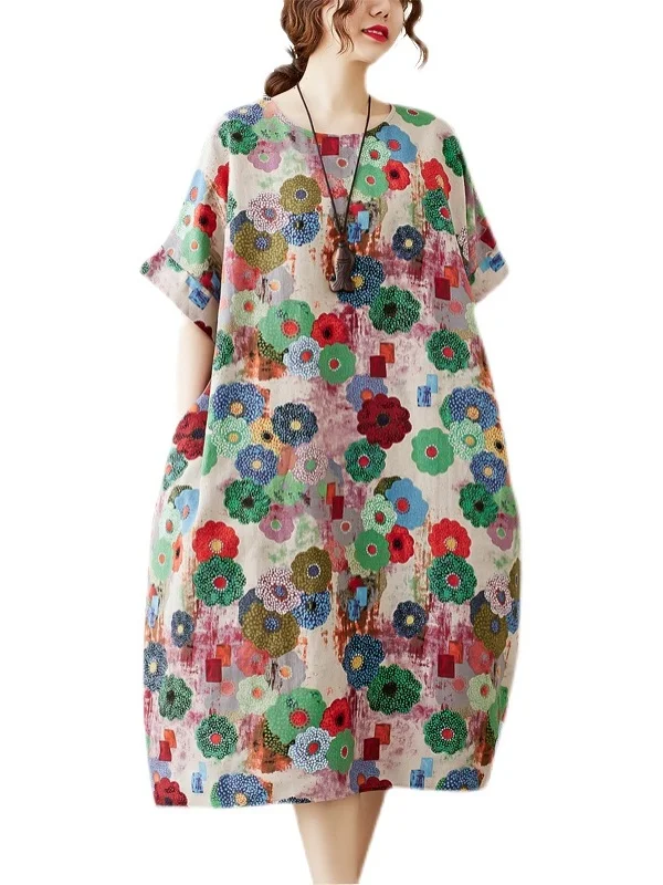 Ropa holgada de lino y algodón Dr round Ne ort Sve de longitud media para mujer, ropa de verano de talla grande, adelgazante, reductor de edad