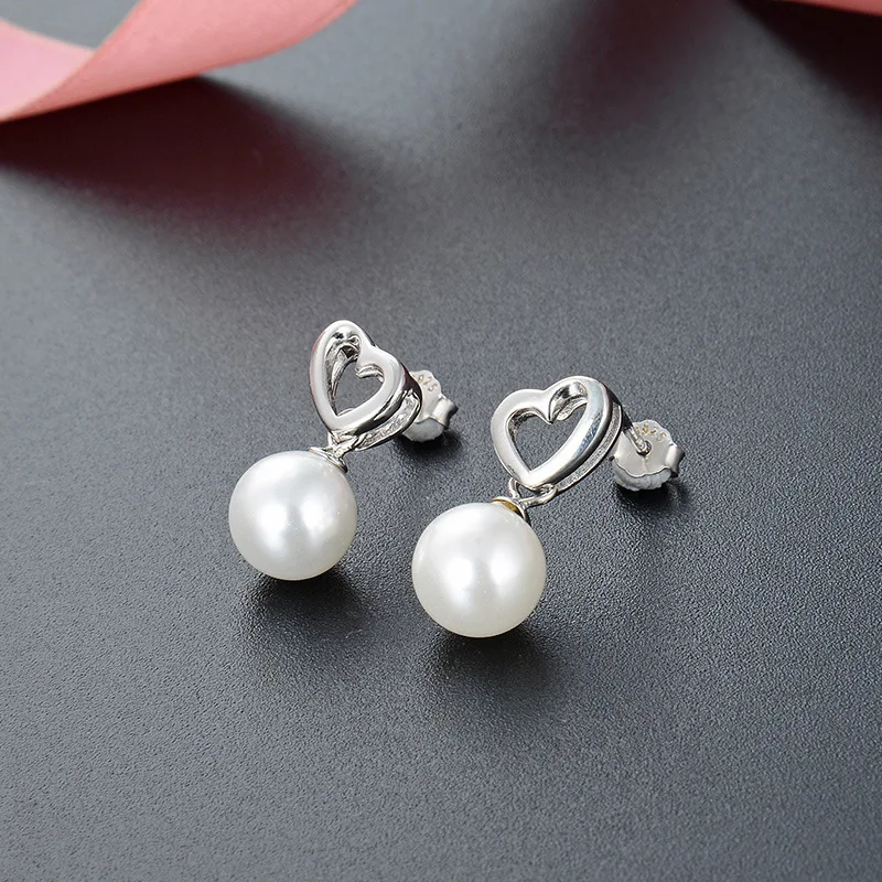 Authentic 925 Sterling Silver Pearl Earring Hollow Heart Stud Earring For Women Girl Wedding Party Jewelry Gift