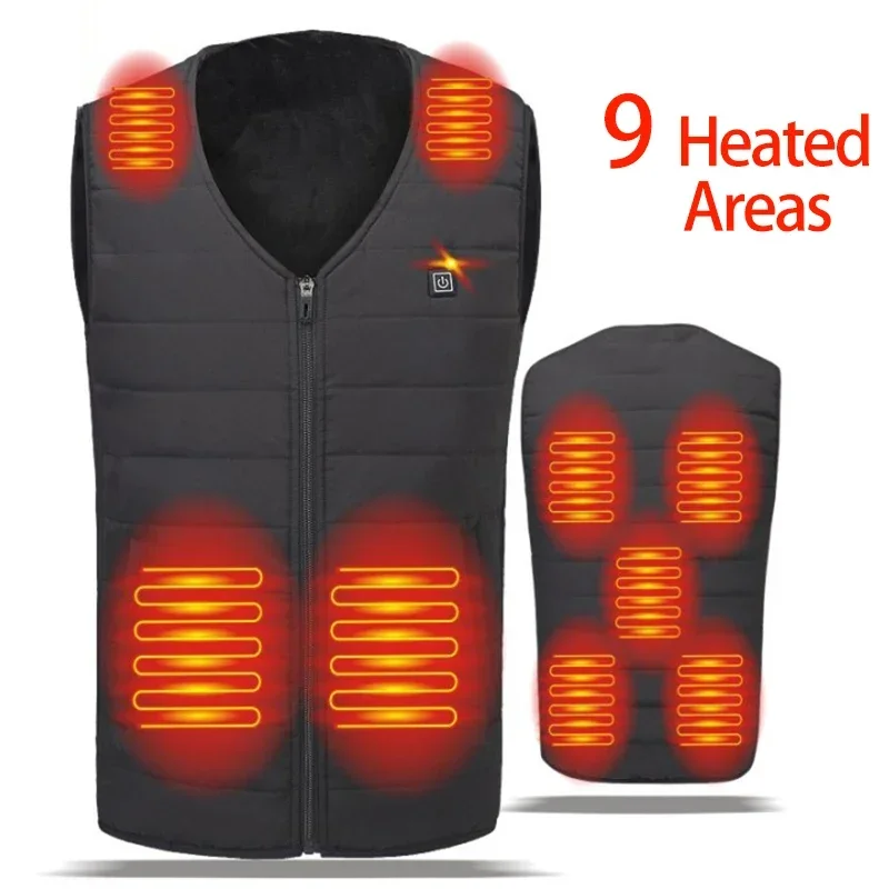 9Areas Winter Men Women Black Electric Heated Vest USB Smart Thermal Heating Clothing Hunting Hiking Jacket Heat Fever Warm Vest