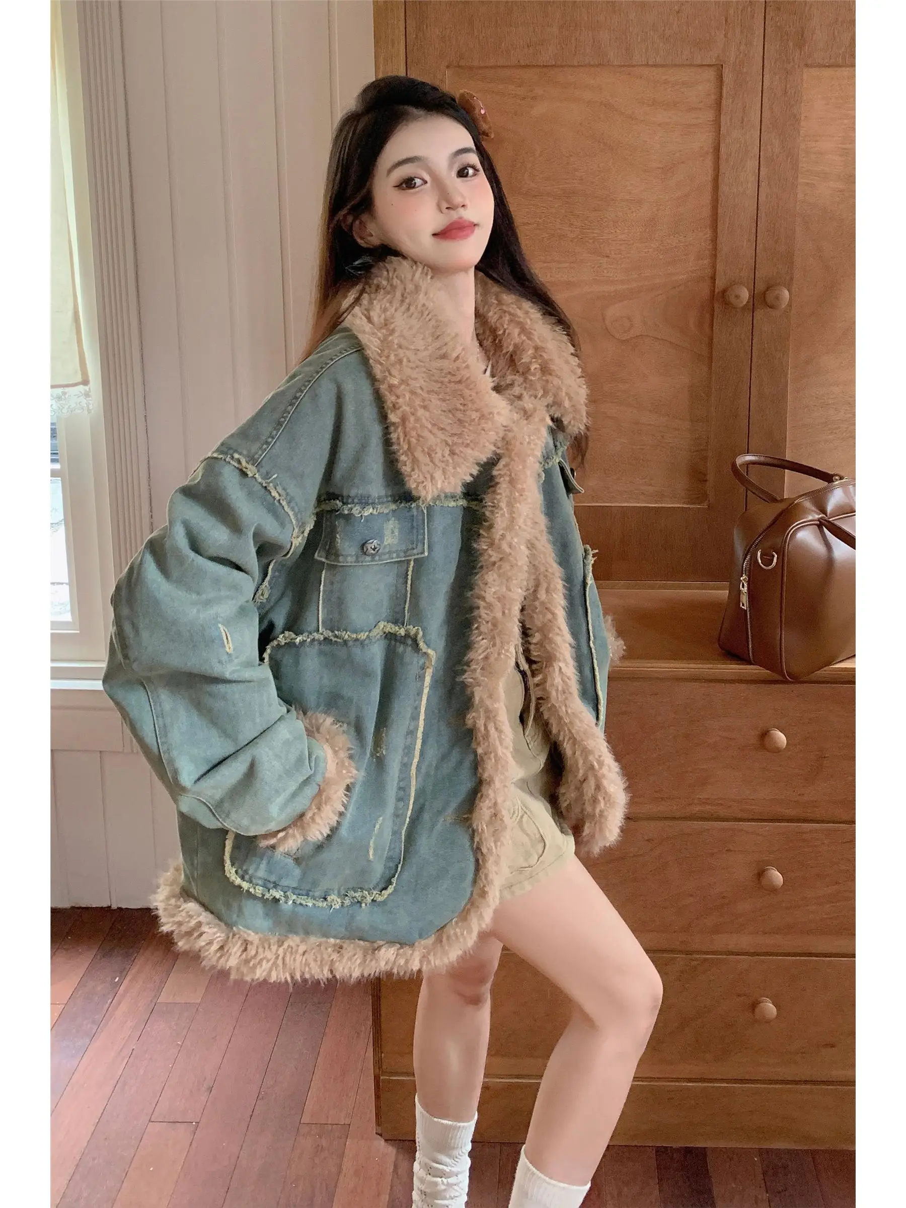 

Denim Coats Woman Oversize Fur Plush Womens Autumn Sculpted Tailoring Elegant Preppy Style Commuting Anti-Wrinkle Standneck Chic