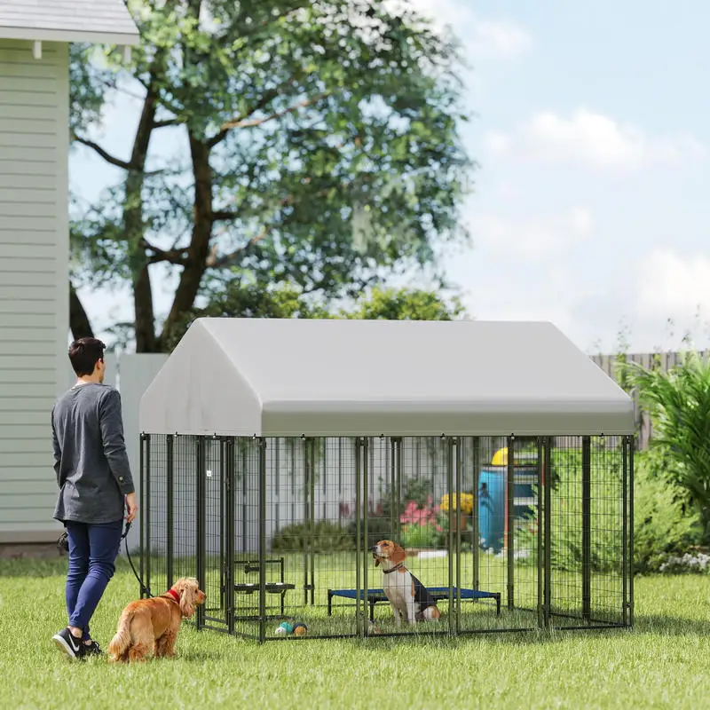 

PawHut Outdoor Dog Kennel with Roof, 8' x 8' x 6' Heavy Duty Welded Wire Dog Playpen Enclosure with Escape-proof Lock