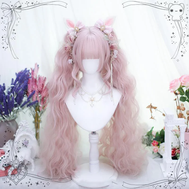 Peruca feminina completa chapelaria natural doce lolita pintura a óleo vento franja duplo rabo de cavalo curto onda em pó ouro lolita peruca