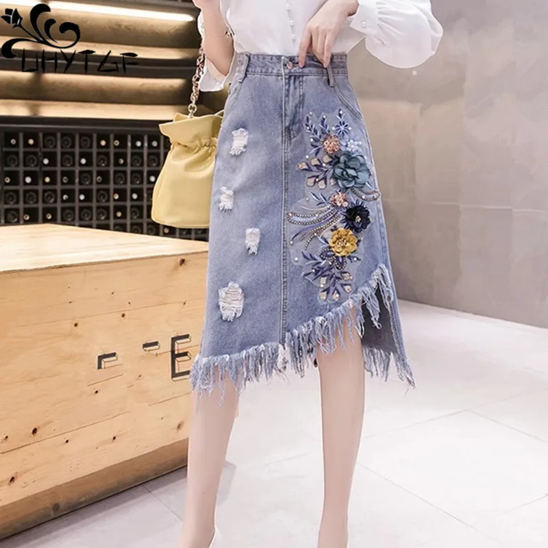 

Fashion Denim Skirt 2024 Summer High Waist Mid-Lenth Skirts Embroidry Flower Jeans Skirt Female Oversize A-line Pencil Skirts