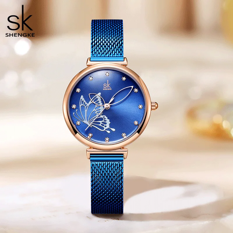 Shengke Top Luxury Quartz Wristwatch for Women Blue Stainless Steel Strap Fashion Casual Ladies Watches Best Gift Reloj de mujer