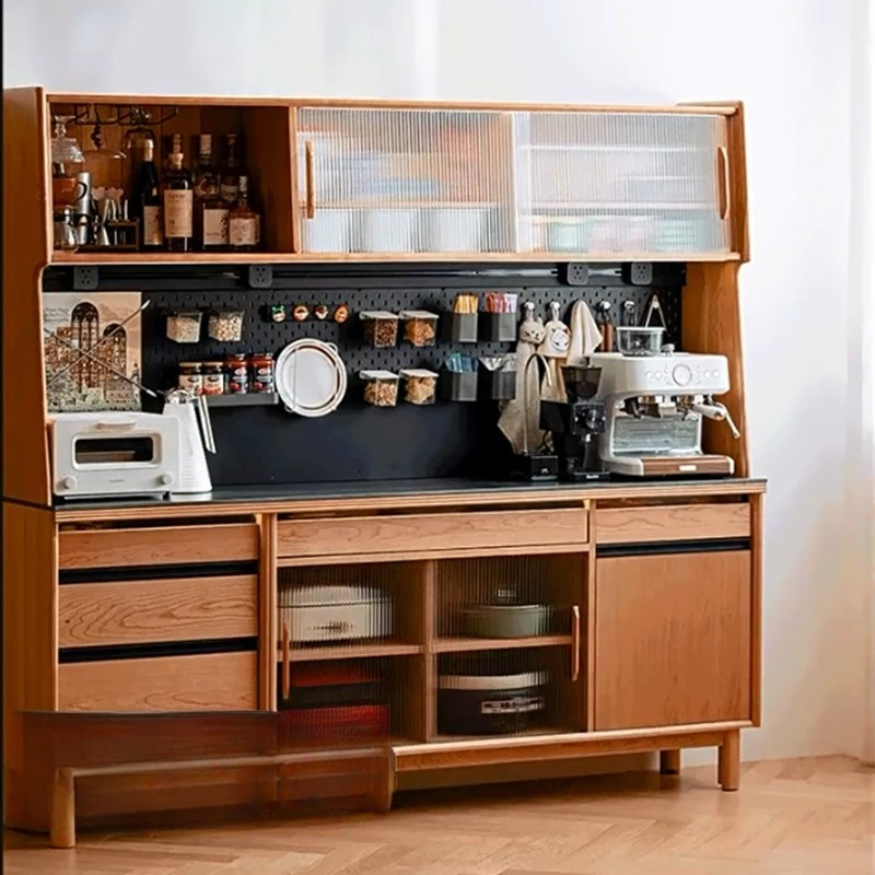 

Cream wind solid wood dining side cabinet Modern simple tea Japanese storage integrated against the wall