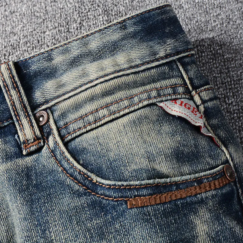 Italian Style Fashion Men Jeans High Quality Retro Blue Stretch Slim Fit Ripped Jeans Men Vintage Designer Denim Pants Hombre