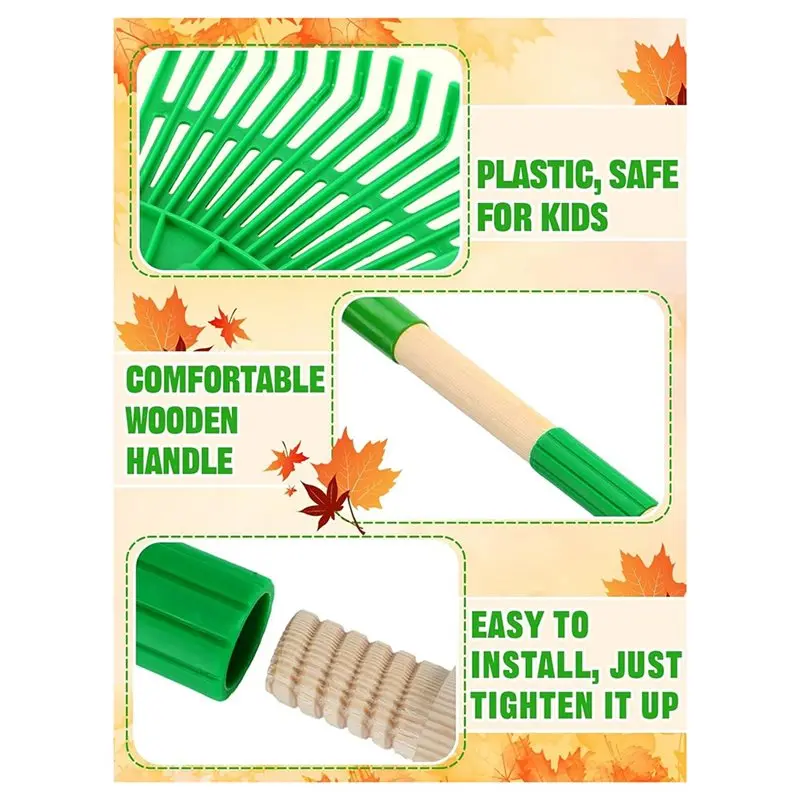 AB47-Safe To Use 2 Pcs Kids Rakes With Wood Handle-34" Light Plastic Garden Rake For Leaves, Kid Yard Tools