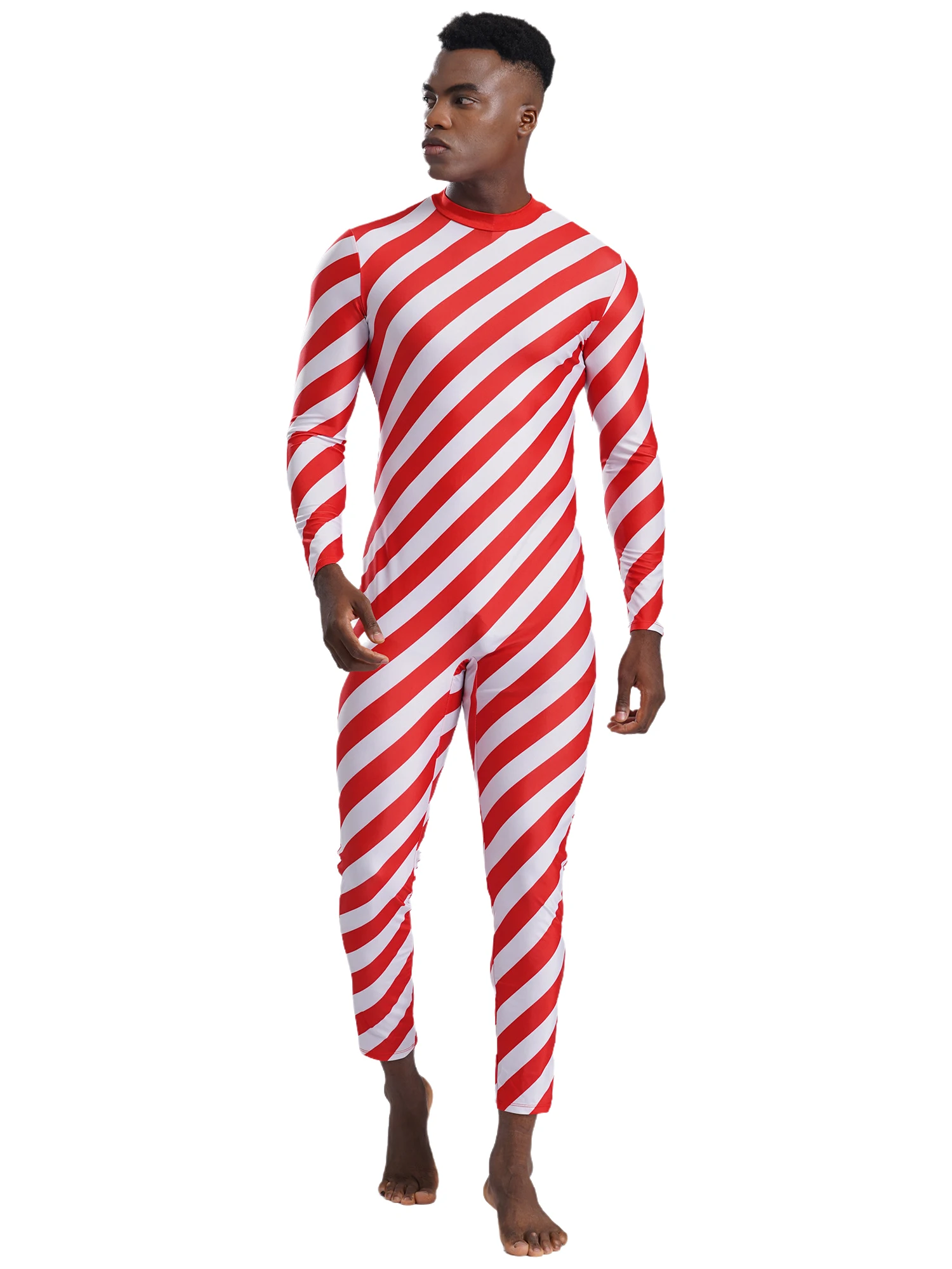 ผู้ชายคริสต์มาสปีใหม่ Party Jumpsuit Xmas Carnival Circus Cosplay เครื่องแต่งกายแขนยาวซิป Candy Cane บอดี้สูทเต้นรํา Leotard