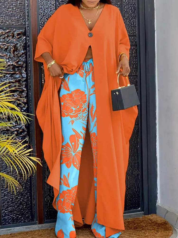 

Elegant Lady Streetwear Loose Outfit Women V Neck Pullover Tops Wide Leg Pants Set 2023 Spring Summer Casual Print 2 Pieces Suit
