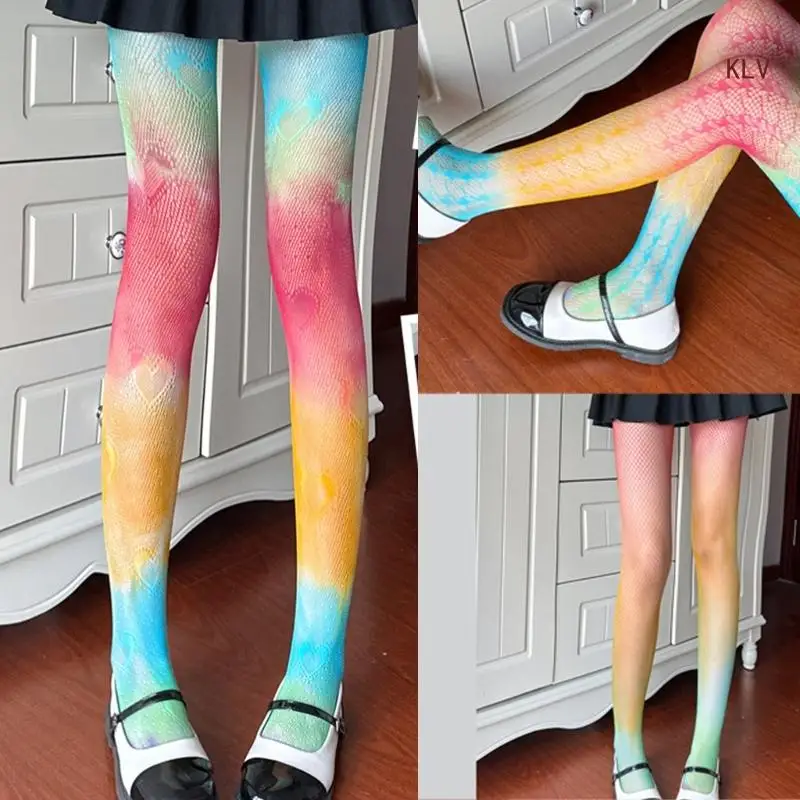Women Gradients Rainbow Colorful Tights Lace Jacquard Candy Color JK Fishnet Stockings Hollow Out Mesh Pantyhose Leggings