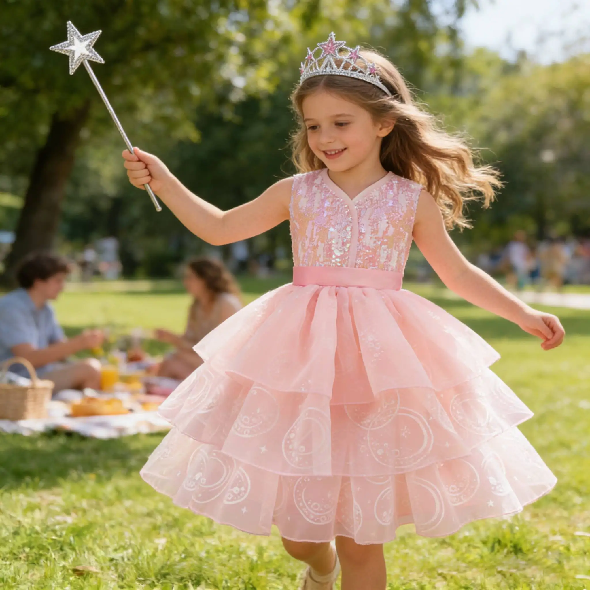 Rosa Pailletten-Spitzen-Hochzeitskleid + Zauberstab + Krone, Outfits für 3–13 Jahre, Teenager, ärmelloses, flauschiges Netzkleid für Mädchen, Queen-Kleidung
