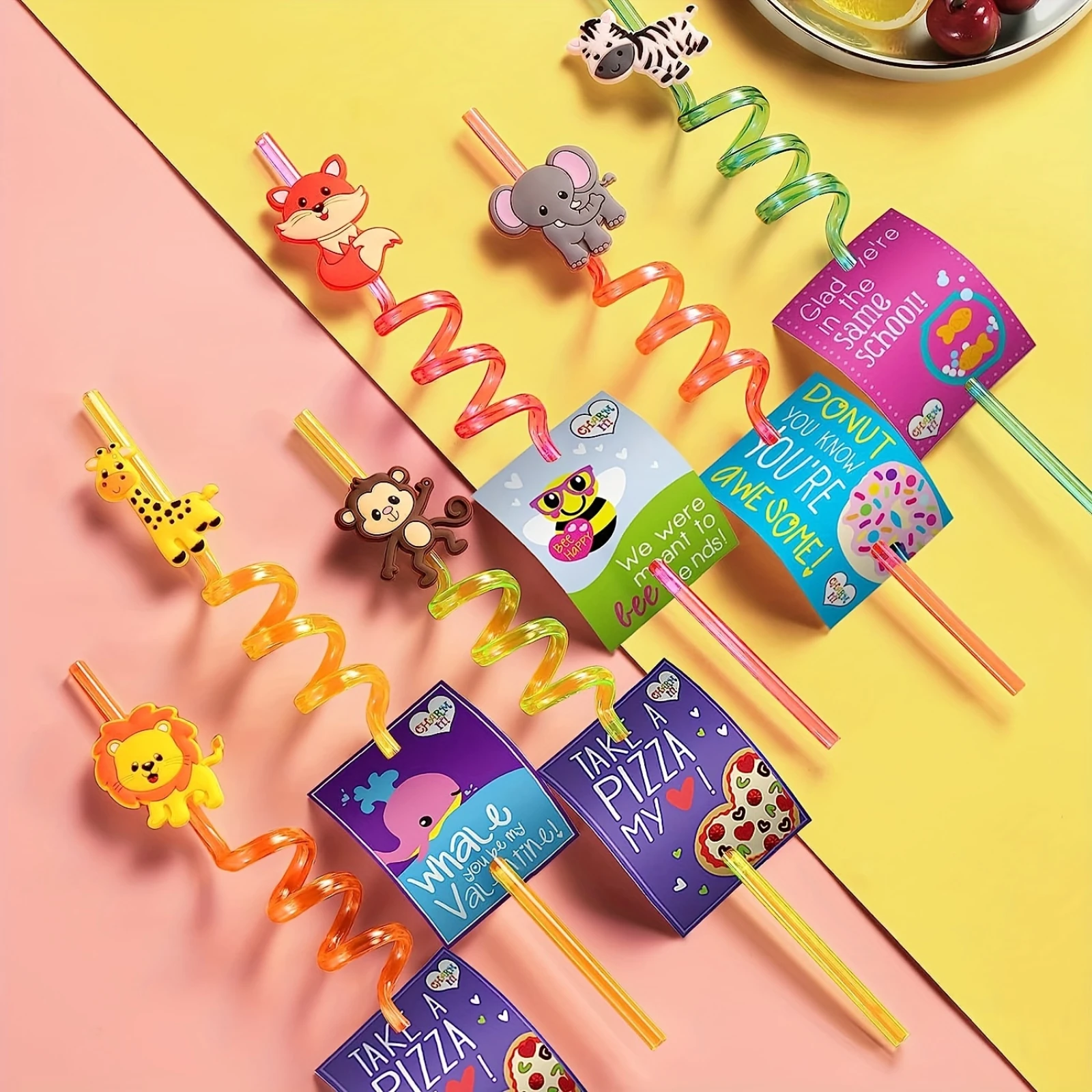 

8PCS Spiral Reusable Straw With Cute Animal Figure Colorful Flexible Drinking Straws For Party Reusable Durable Curly Straws Set