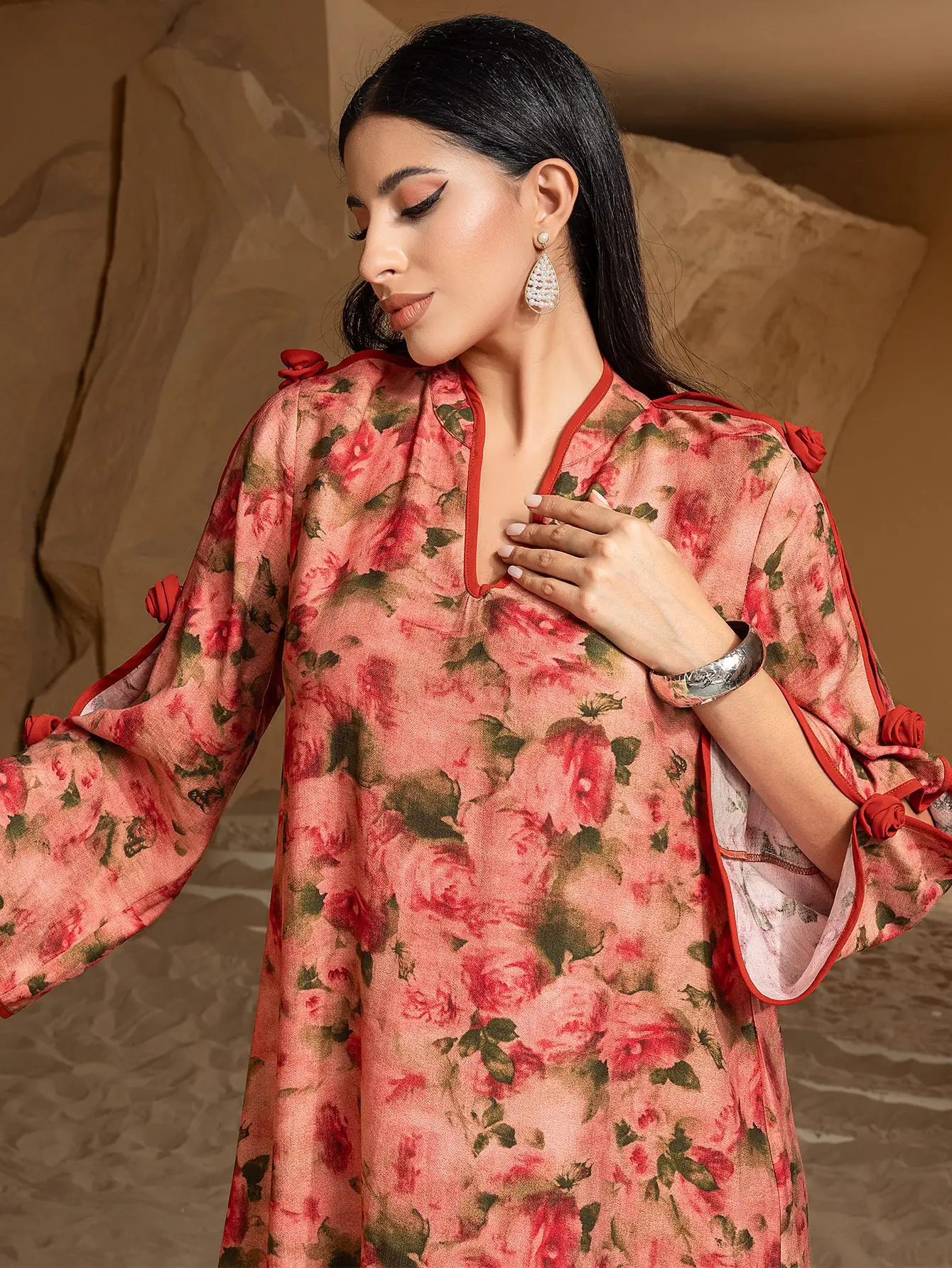 Ramadán musulmán moda de lujo nuevo Rose Manor vestido estampado 3D Oriente Medio Dubai árabe bata islámica para mujer