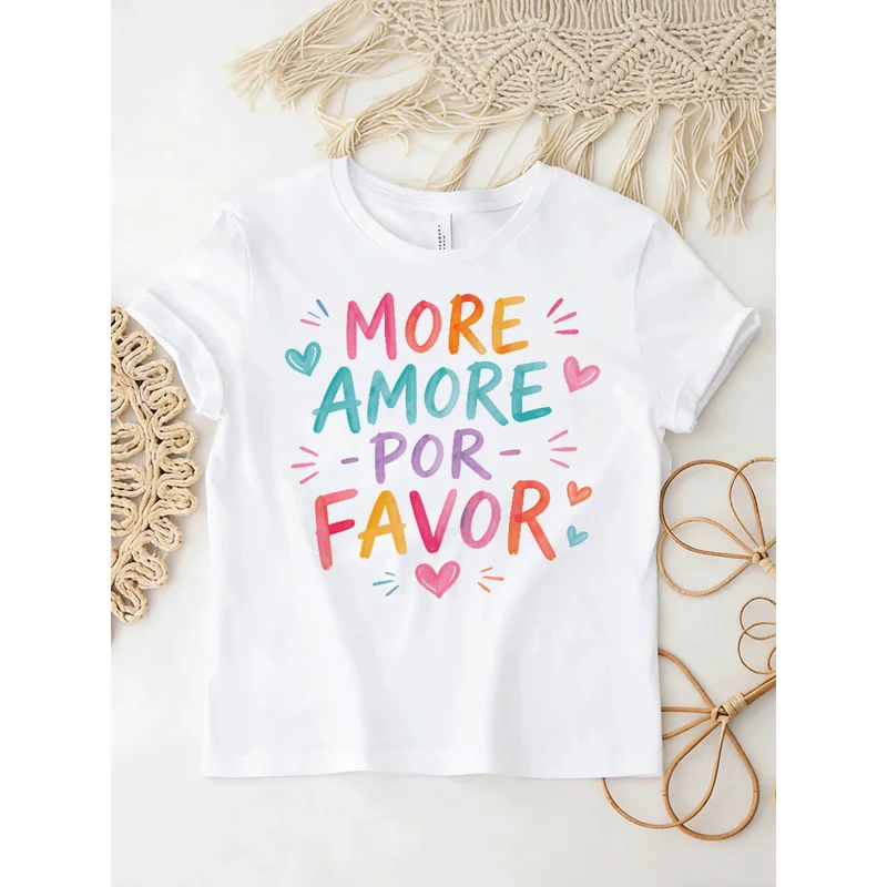 Watercolor Letter More Amore Por Favor Graphic Tshirt Women Aesthetic Heart Pattern Short Sleeve Blouse