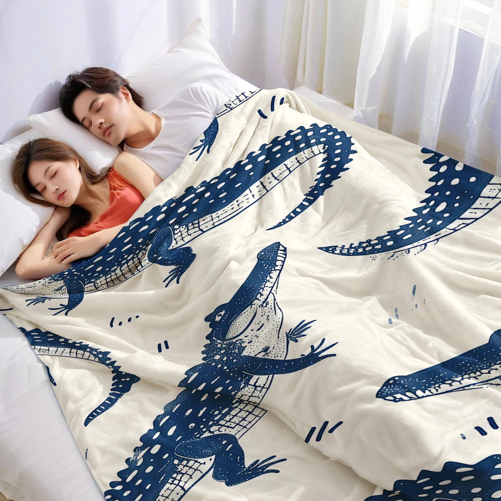Blue Crocodile Halloween Flannel Fleece Blanket Fluffy Warm Cozy Throw for Sofa Bedroom Home Holiday Decoration Gift