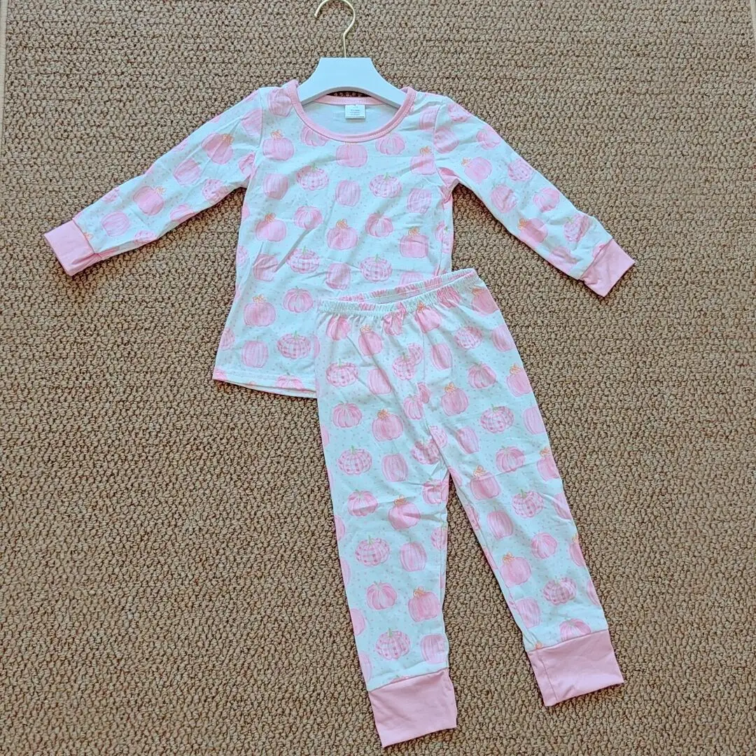 

9.16 Autumn Wholesale Western Boutique children Baby Girls Bamboo Pink Pumpkin Top Pants Pajamas Clothes Sets