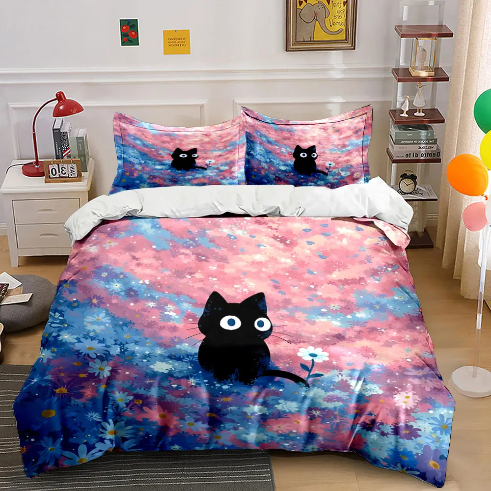 

Black cat and floral sea Pattern Duvet Cover Set Digital Print Colorful Polyester Bedding with Zipper Closur for kids gifts