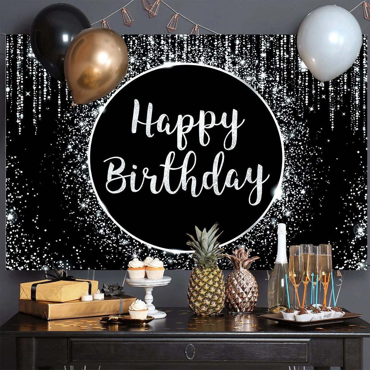 Black Gold Happy Birthday Backdrop 30 40 50 Year Old Birthday Party Decoration Adults Anniversary 30th 40th Birthday Background