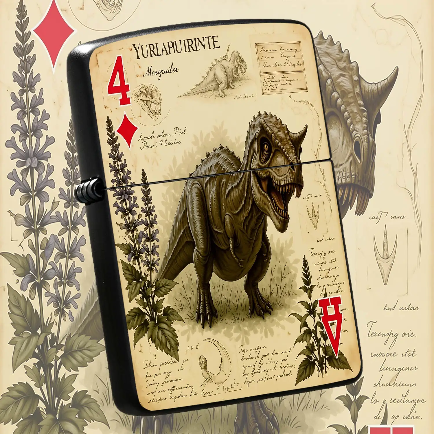 Vintage Illustrated Style 4 Of Diamonds Card Dinosaur Lighter, Retro Aged Artistic Dinosaur Botanical Manuscript Design, Trendy Portable Accessory, Ideal For Daily Multi-Scene Use, Collection Gifting Present A Humorous And Interesting Light