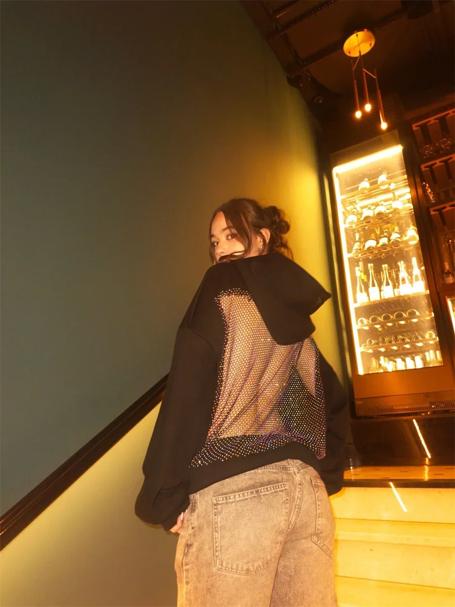 

Женская модная полупрозрачная толстовка-пуловер в американском готическом стиле, сексуальная сетчатая худи с вырезами, одежда Y2K, повседневная куртка с ромбовидным дизайном