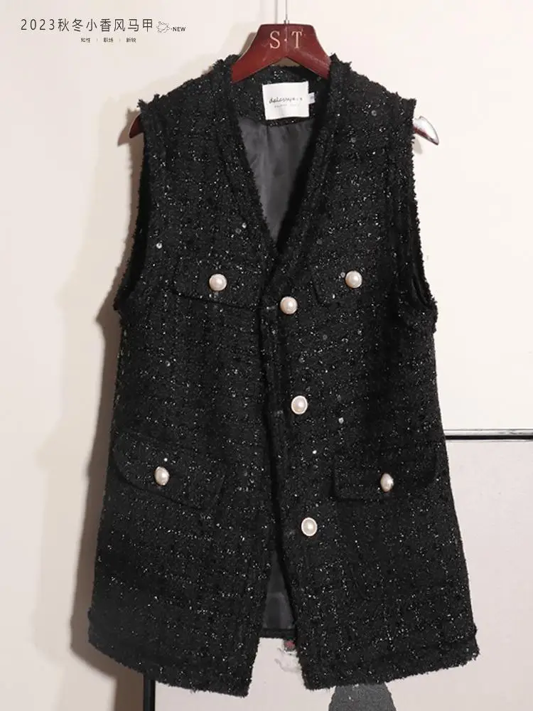 

Черный жилет, женский весенне-осенний 2024, новая свободная куртка без рукавов средней длины с v-образным вырезом и блестками