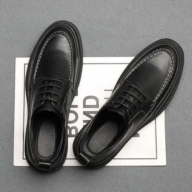 

New Men Leather Casual Shoes British Style Gentleman Pointed Toe Thick-soled Business Casual Shoes