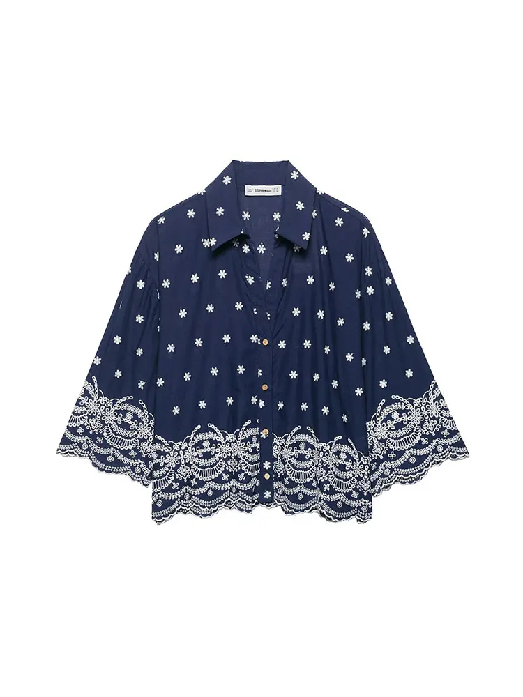 2025 Summer Women's Outfit Office Shirt Pants Set Embroidered Shirt Straight Leg Pants Casual Women Sets