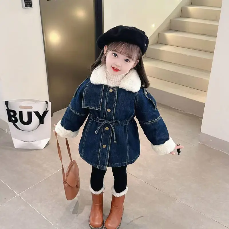 2025 New Fleece Lined Denim Jacket for Girls Thickened Autumn Winter Kids Tween Girls Extra Warm Mid Long Top Baby Winter Coat