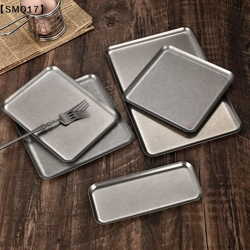 Vintage 304 Stainless Steel Snowflake Silver Square Tray Round Edge Dinner Plate Dessert Grill Steak Plate Decorative Tray【SMQ】