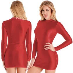 Women's  Solid Color Smooth Stretchy Mock Neck Tight Party Dresses Female Dresses Glossy Long Sleeve Bodycon Dress Nightwear