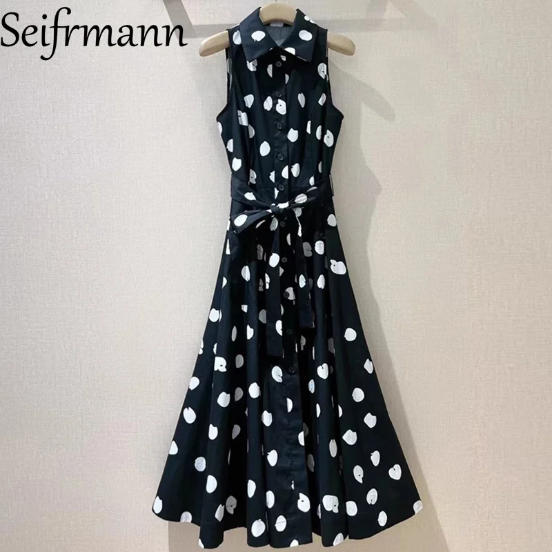 Seifrmann ドットプリントノースリーブファッションドレス女性のターンダウン襟シングルブレストレースアップスリムコットンヴィンテージドレス