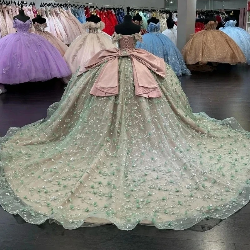 Real Picture Mint Pink Mexican Quinceanera Ball Gown Dresses Off Shoulder Flower Rhinestone Ball Gown Bow Prom Party Dress 15 16