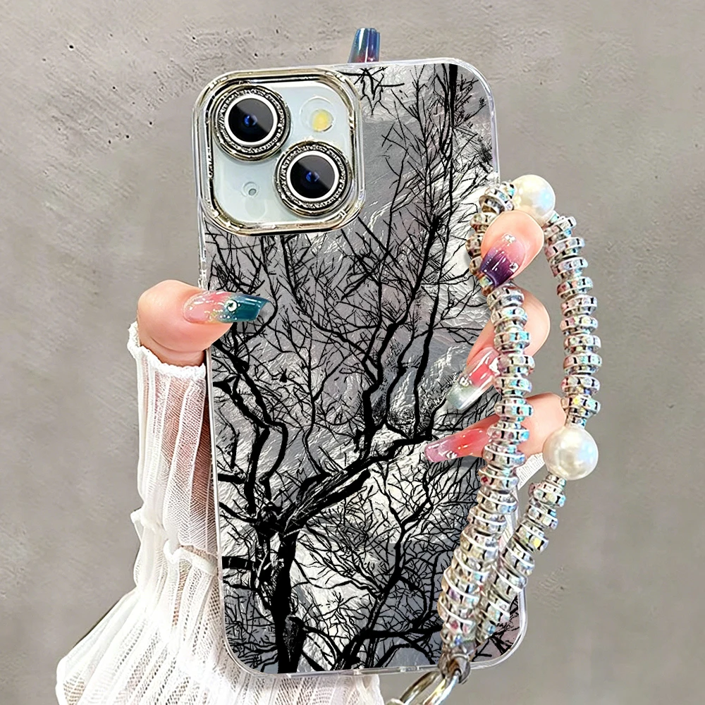 Coques de téléphone créatives avec perles de luxe et lentille diamantée pour iPhone 17 13 11 12 Pro Max Plus 15 14 16 XR, motif Branches Sombres
