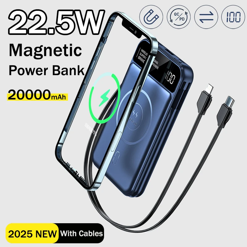 

Магнитный внешний аккумулятор 22,5 Вт, 20000 мАч, большая емкость, быстрая зарядка, внешний аккумулятор, встроенный кабель для IPhone Magsafe Samsung Xiaomi