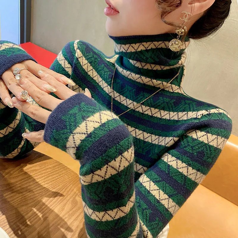 Women Korean Fashion Chic Striped Jacquard Turtleneck Sweaters Office Lady Slim Casual Soft Knitted Tops Spring New Knitwear