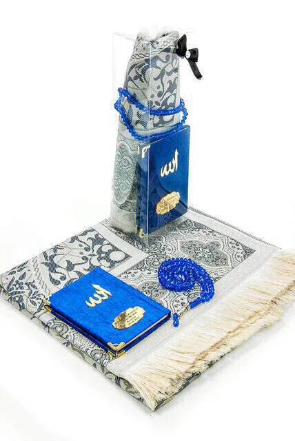 Pocket Oversize Velvet Yasin Book Name Plakalı Prayer Rug Prayer Beads Boxed Special Set Navy Blue