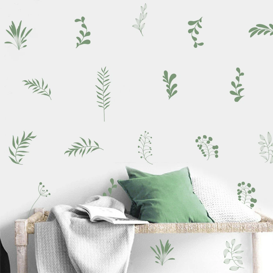 Boho Leaves Botanical Hand Drawn Wall Decals Mural Removable DIY Vinyl Wall Stickers Nursery Kids Room Playroom Home Decoration