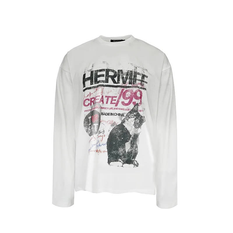 الشارع الشهير تي شيرت Y2K القط رسالة الرجعية الجرافيك طباعة المتضخم التي شيرت رجل إمرأة جولة الرقبة قميص قطني بكم طويل بلايز الخريف #1