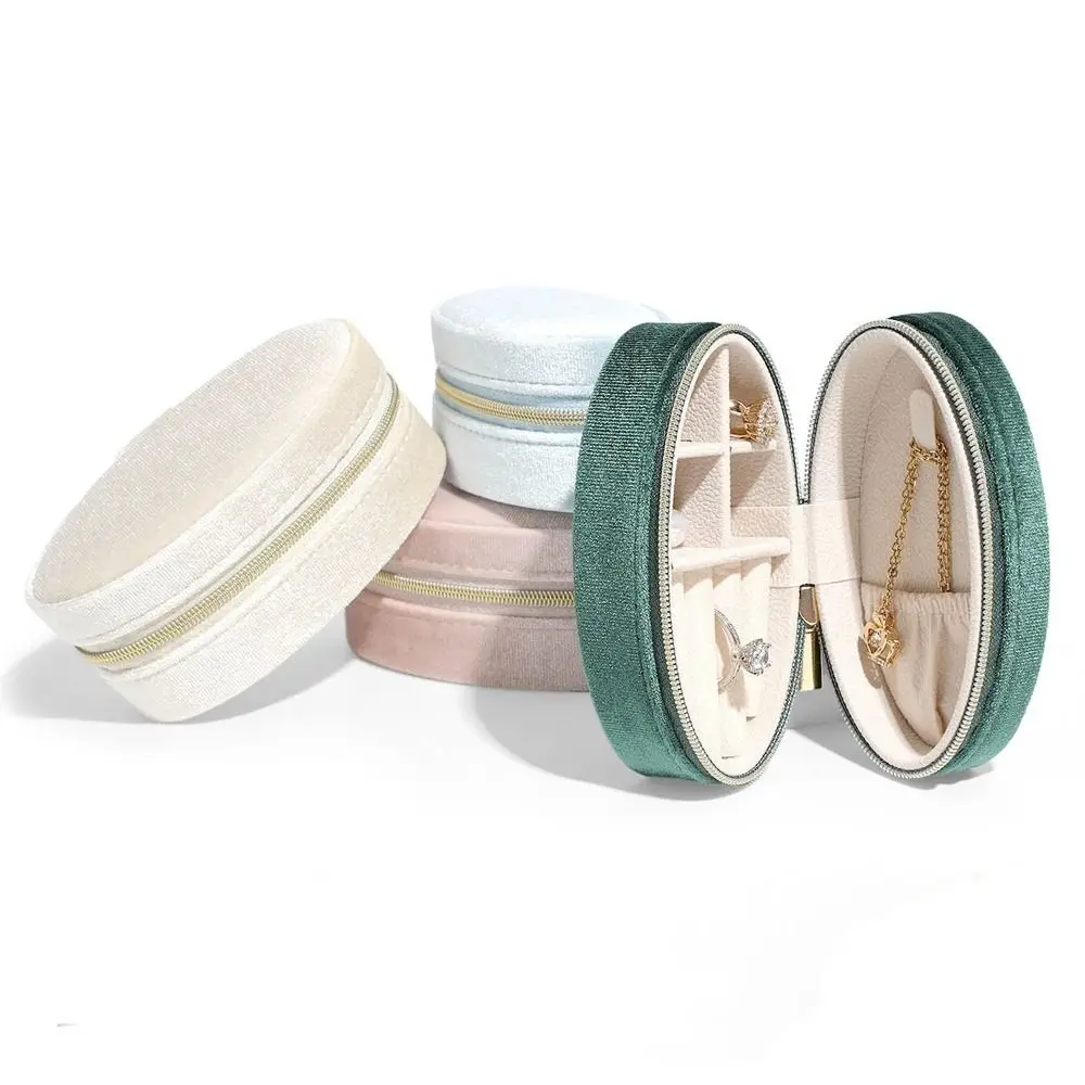 Vintage Velvet Oval Jewelry Box Mini Large Capacity Necklace Storage Display Box Zipper Jewelry Organizer Travel