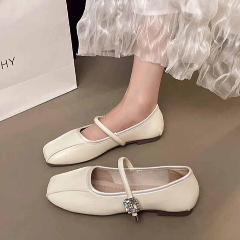 Women's Ultra Soft Mary Jane Flats Square Toe French Vintage Summer New Ruched Leather Shoes Comfortable for Dress