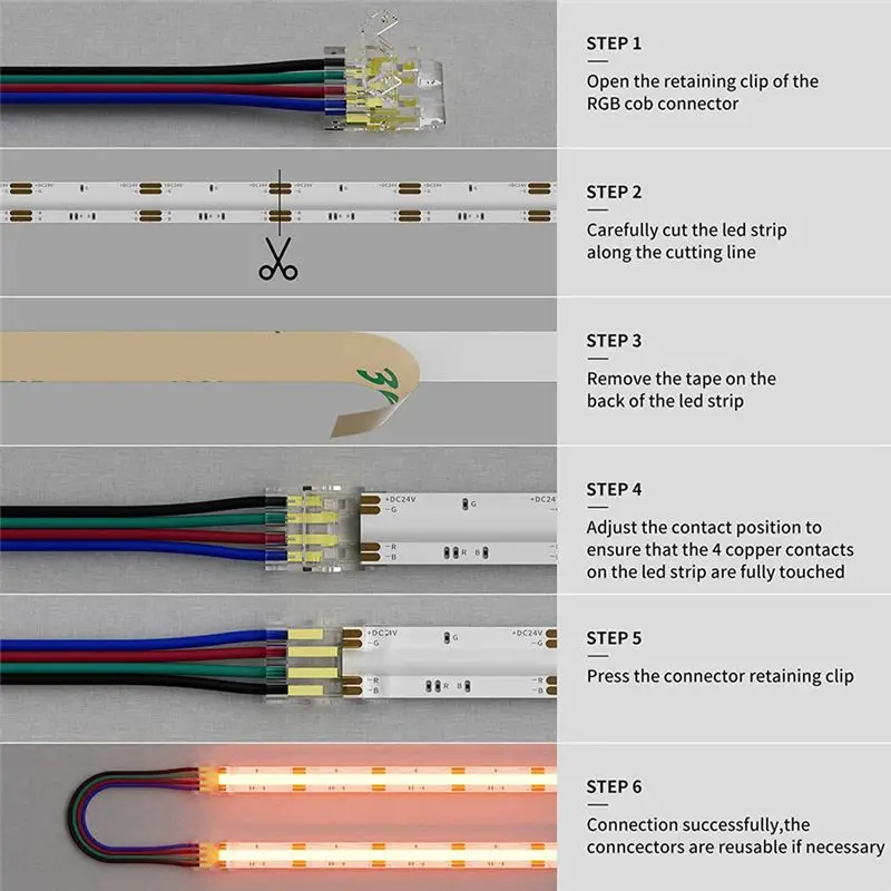 DT39 COB LED Strip Connectors Kit 4 Pin Dual Ends Extension Wire 5.5In for 10mm RGB LED Strip Lights Gapless Solderless