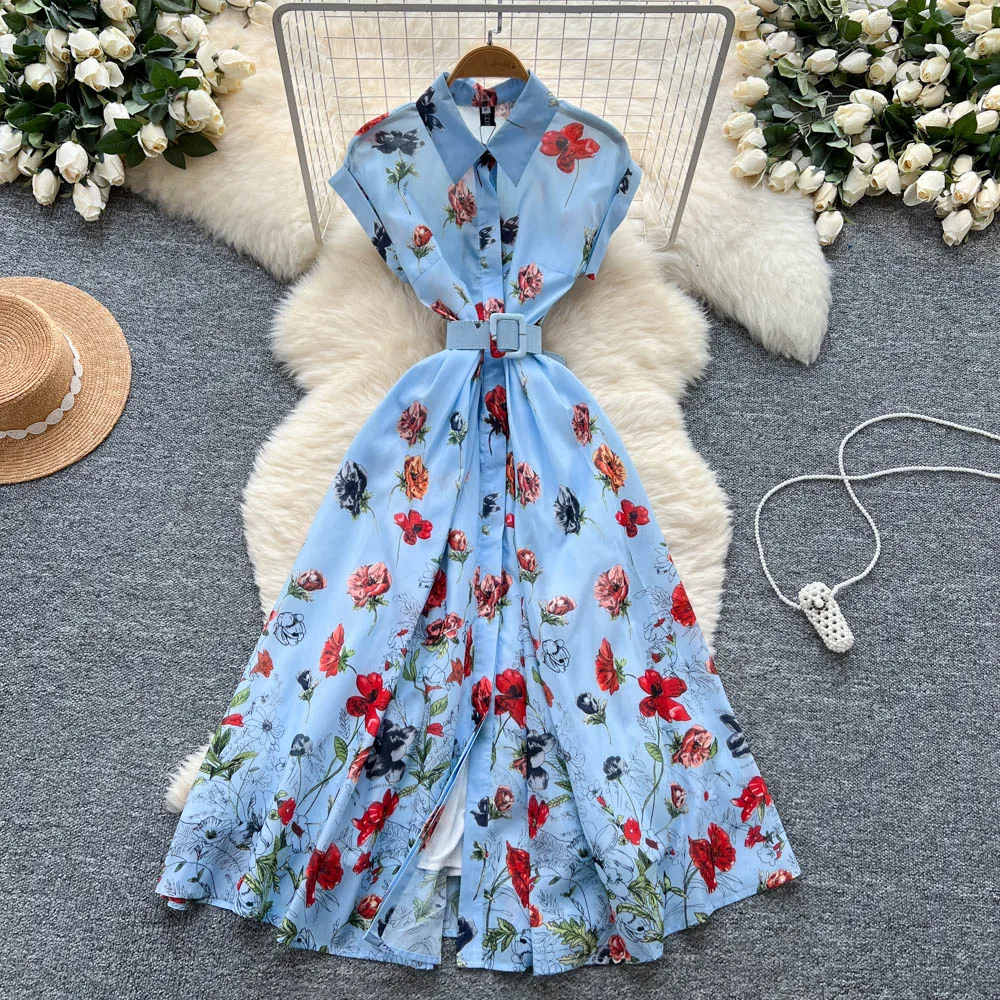 Chic vintage con stampa polo Elegante fata moda coreana Boho Prendisole abbigliamento donna Abito lungo