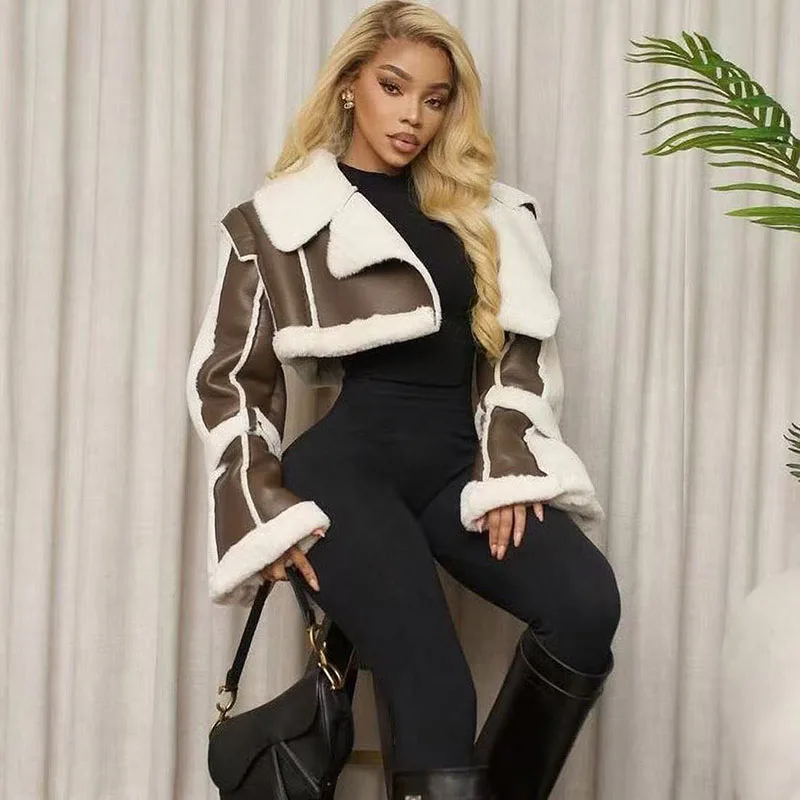 Giacca con risvolto patchwork a contrasto di colore retrò moda stile europeo e americano Giacca termica versatile corta slim da donna