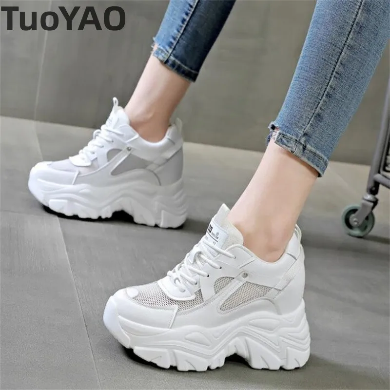 9cm Natural Cow Genuine Leather Women Casual Chunky Sneakers Platform Increased New Women Hidden Heels Fashion Vulcanized Shoes