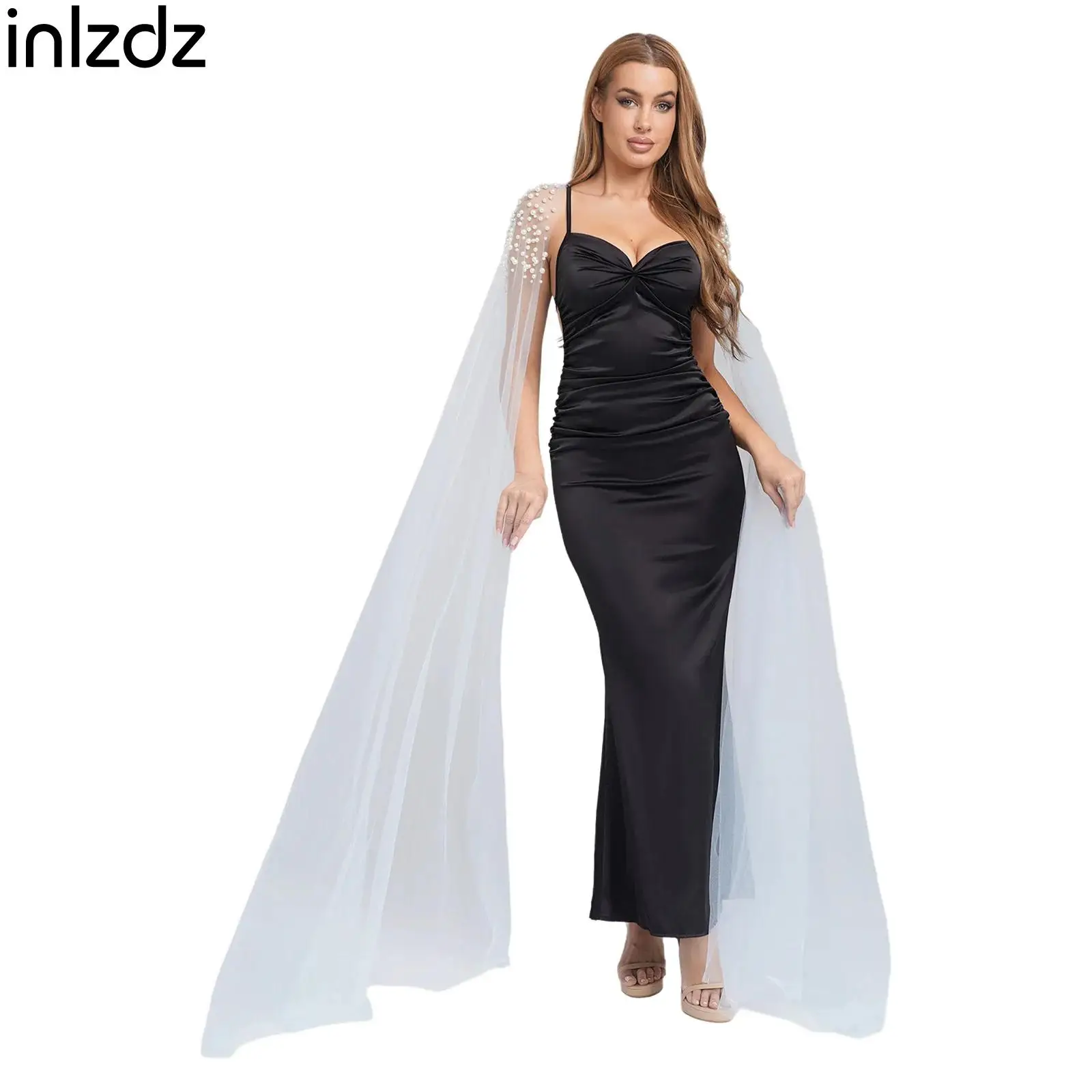

2025 New Women Girls Elegant Exquisite Long Drawn-out Bridal Dress Faux Pearl Tulle Shawl Sleeves with Pins for Wedding Banquet