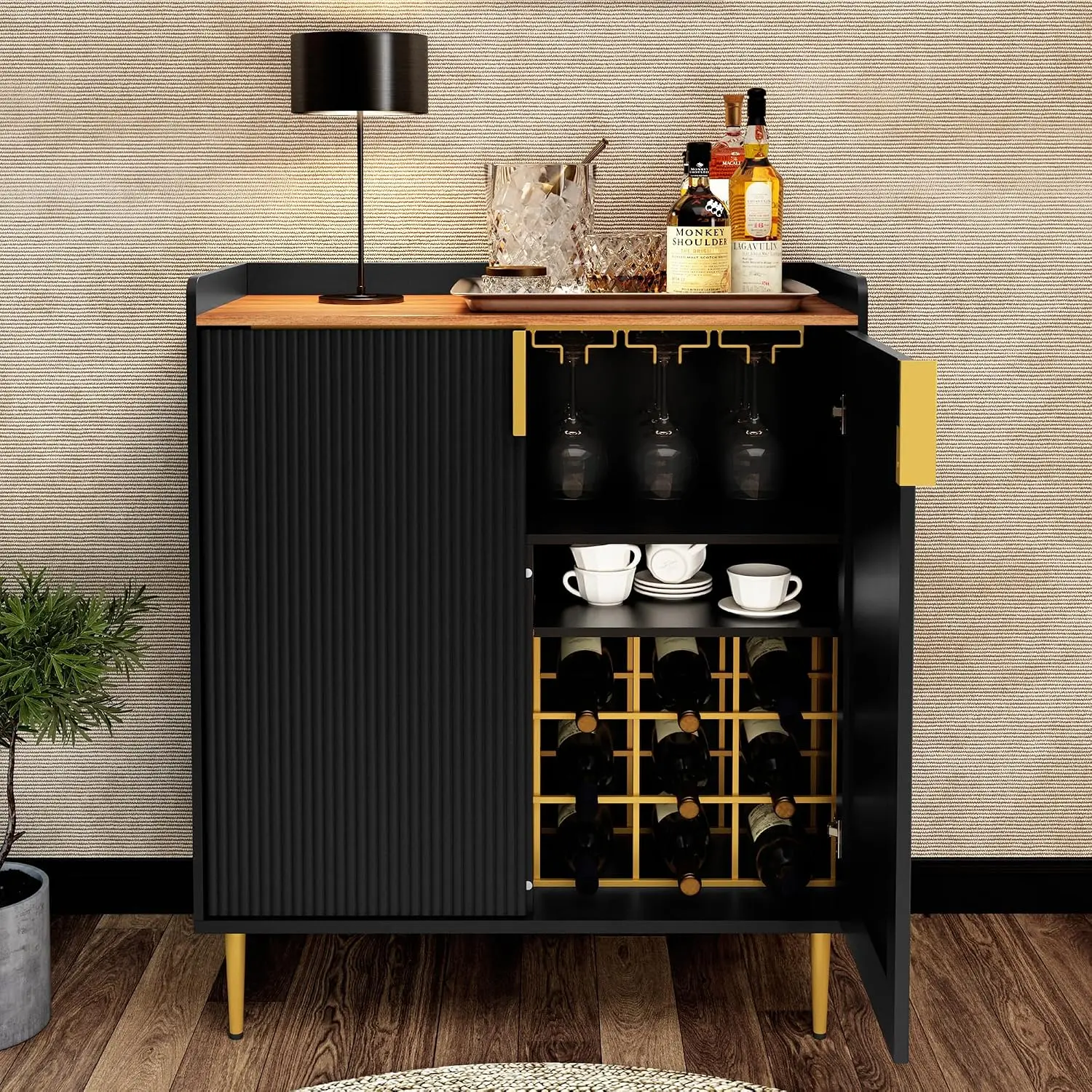 Modern Coffee Bar Cabinet with Fluted Texture, Black | Sideboard Buffet Cabinet with Wine Rack&Drawers, Liquor Cabinet for Kitch