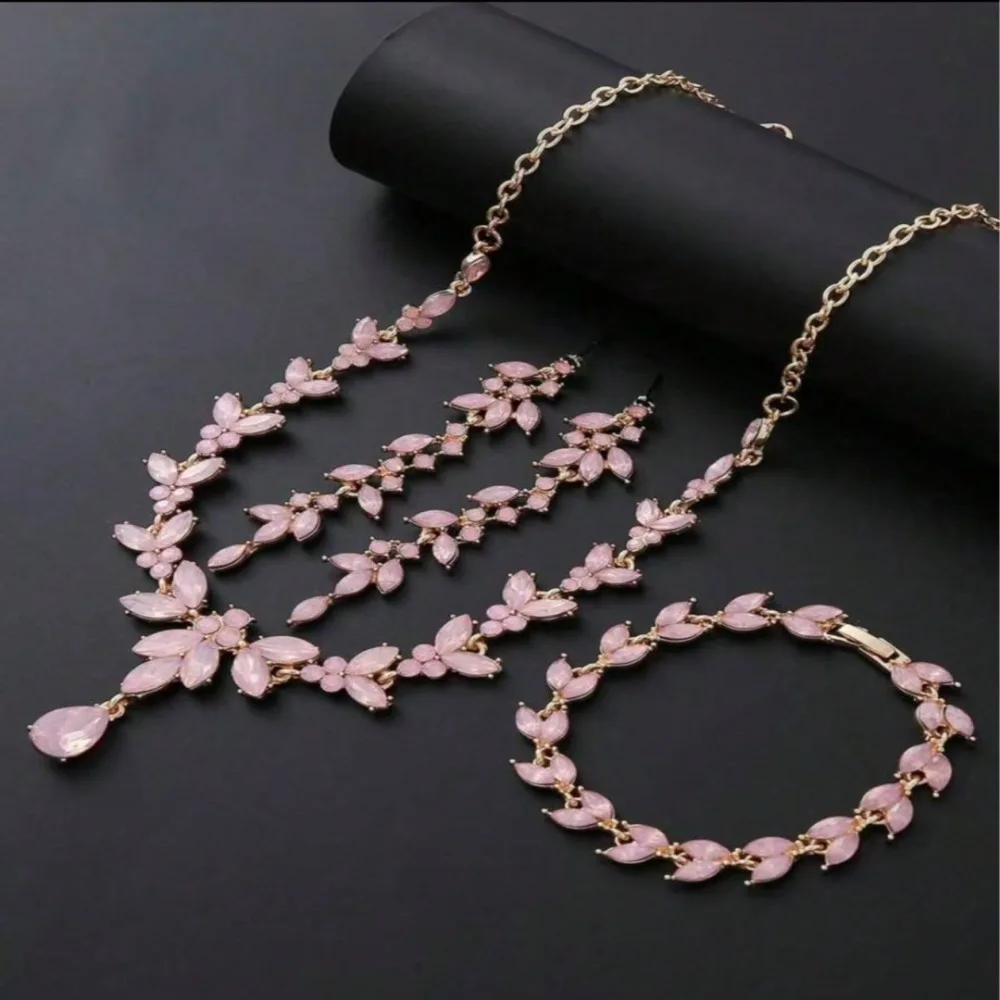 Pink Marquise Pear Zircon Jewelry Set, Floral Necklace Earrings Bracelet 3Pcs Bridal Wedding Banquet Women Jewelry 2026 Hot Sale